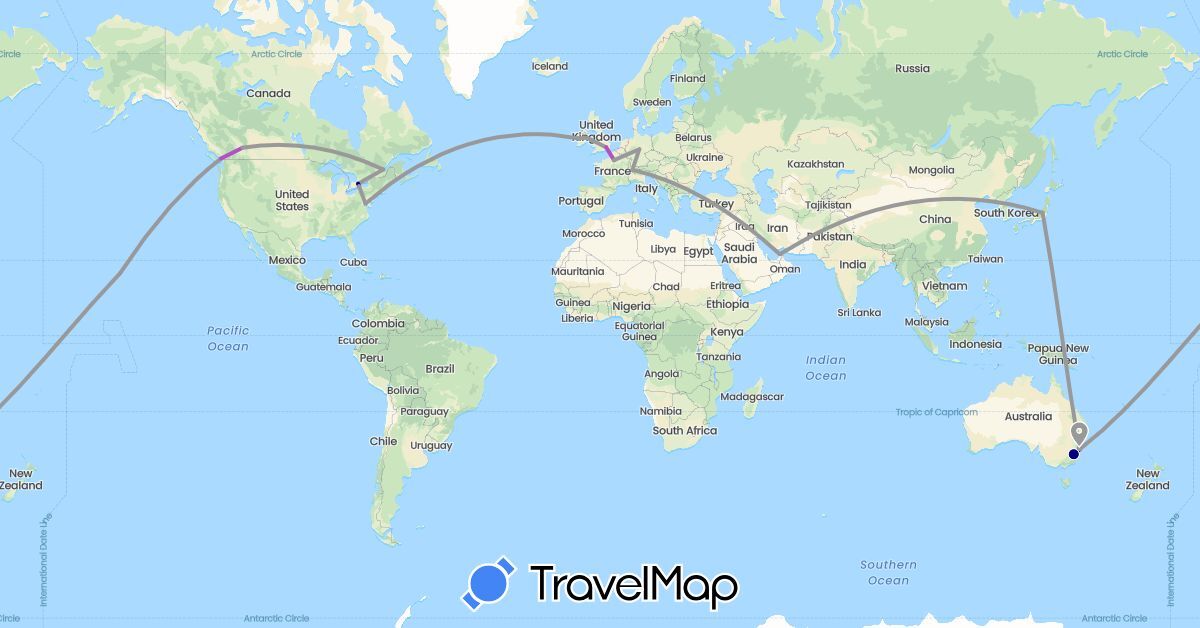 TravelMap itinerary: driving, plane, train in United Arab Emirates, Australia, Canada, Switzerland, Germany, France, United Kingdom, Ireland, Japan, United States (Asia, Europe, North America, Oceania)