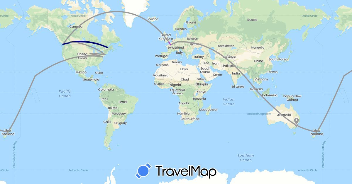TravelMap itinerary: driving, plane, train in Australia, Canada, Germany, France, United Kingdom, New Zealand, Singapore, United States (Asia, Europe, North America, Oceania)